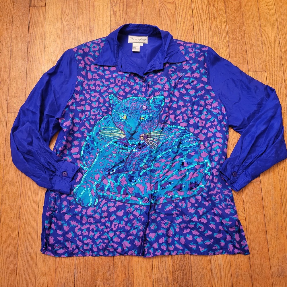 Diane Gilman L Silk Blouse Blue Purple Sequin Leopard Vintage Retro Artsy Glam